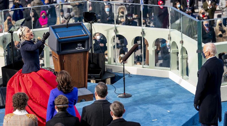 Lady Gaga arrives to sing the National Anthem at the inauguration of U.S. President-elect Joe Biden on the West Front of the U.S. Capitol on Wednesday, Jan. 20, 2021 in Washington. (Win McNamee /Pool Photo via AP)