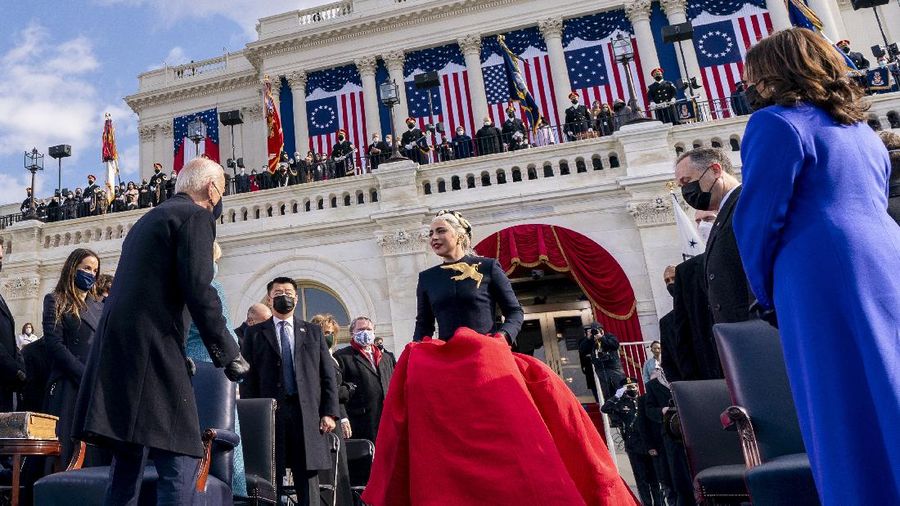 Lady Gaga arrives to sing the National Anthem at the inauguration of U.S. President-elect Joe Biden on the West Front of the U.S. Capitol on Wednesday, Jan. 20, 2021 in Washington. (Win McNamee /Pool Photo via AP)