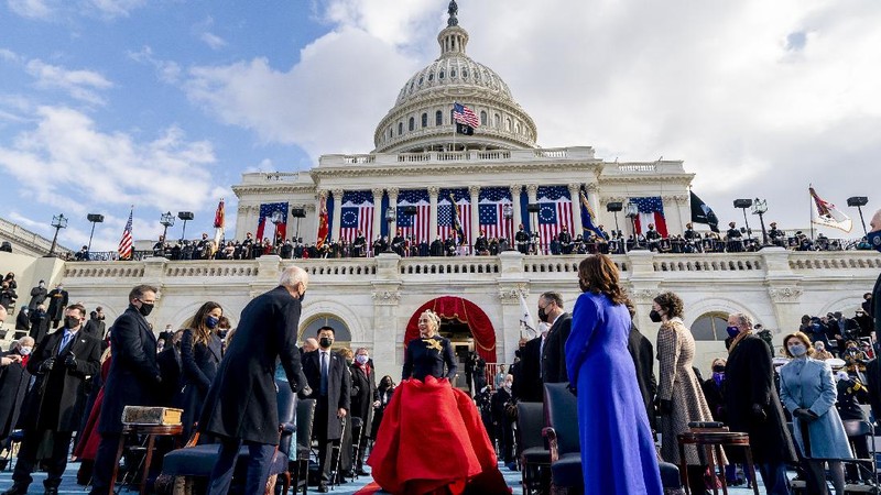 Lady Gaga arrives to sing the National Anthem at the inauguration of U.S. President-elect Joe Biden on the West Front of the U.S. Capitol on Wednesday, Jan. 20, 2021 in Washington. (Win McNamee /Pool Photo via AP)
