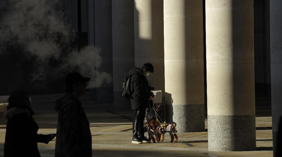 A person stands with their dogs as a passerby exhales from an E-cigarette vaporizer in Paternoster Square, in the City of London financial district of London, Friday, Jan. 22, 2021, during England's third national lockdown since the coronavirus outbreak began. The U.K. is under an indefinite national lockdown to curb the spread of the new variant, with nonessential shops, gyms and hairdressers closed, most people working from home and schools largely offering remote learning. (AP Photo/Matt Dunham)