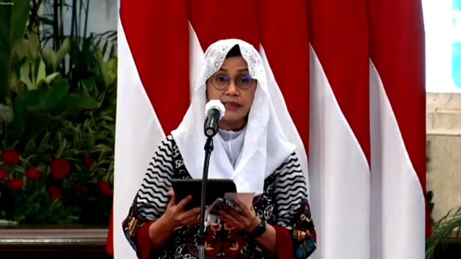 Menteri Keuangan Sri Mulyani dalam acara Peluncuran Gerakan Nasional Wakaf Uang