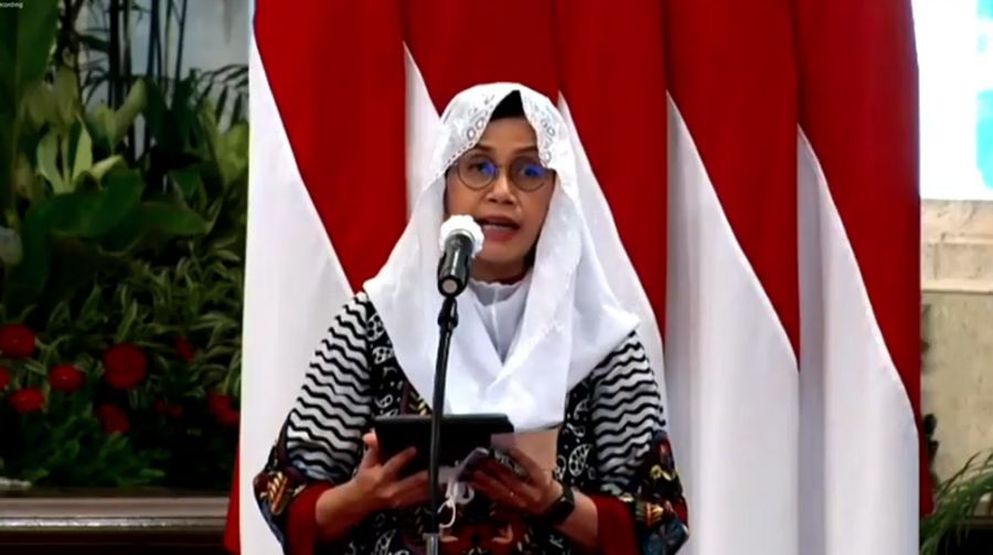Menteri Keuangan Sri Mulyani dalam acara Peluncuran Gerakan Nasional Wakaf Uang