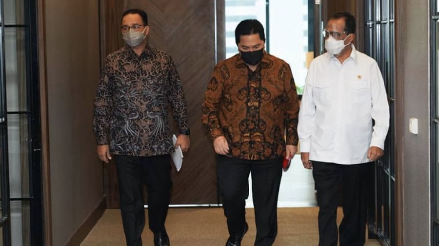 Rapat bersama Menhub Budi Karya Sumadi (kiri) serta Gubernur DKI Jakarta Anies Baswedan (kanan) dan Menteri BUMN Erick Thohir (tengah). (Dok: BUMN)