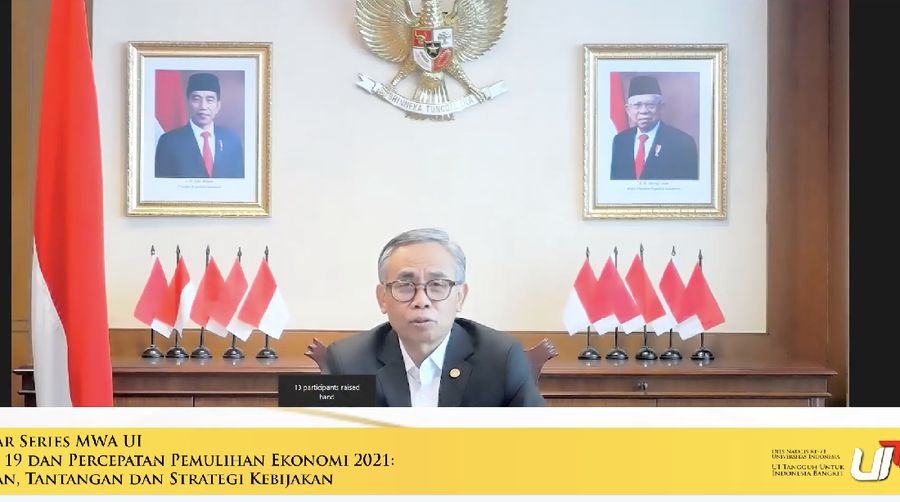Wimboh Santoso dalam acara Covid-19 dan Percepatan Pemulihan Ekonomi 2021: Harapan, Tantangan dan Strategi Kebijakan. (Tangkapan layar youtubr UI)