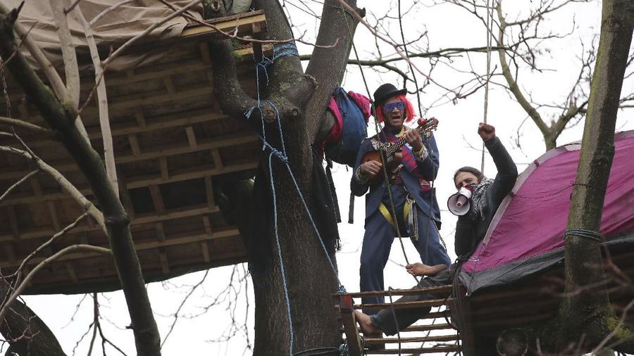 Para pengunjuk rasa duduk di atas pepohonan di perkemahan di Euston Square Gardens di pusat kota London, Inggris, Rabu (27/1/2021). (AP/Aaron Chown)