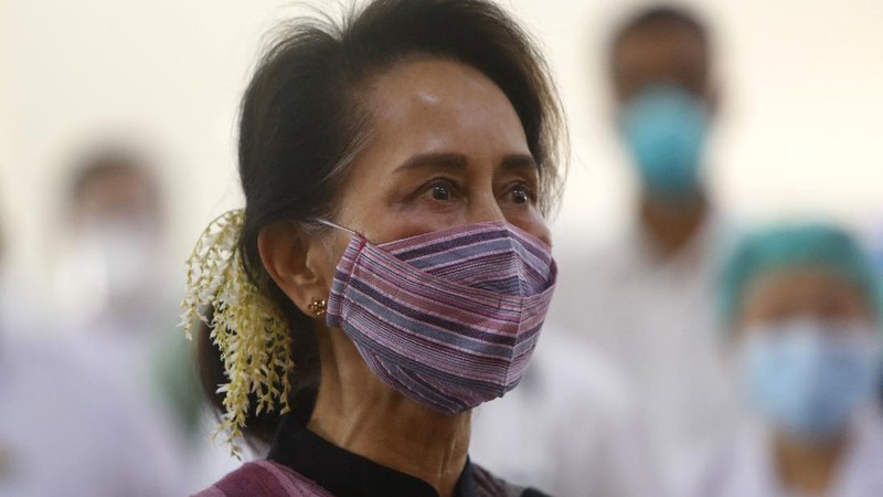 FILE - In this Dec. 17, 2019, file photo, Myanmar's leader Aung San Suu Kyi speaks during a joint press conference with Vietnam's Prime Minister Nguyen Xuan Phuc after their meeting at the Presidential Palace in Naypyitaw, Myanmar. Reports says Monday, Feb. 1, 2021 a military coup has taken place in Myanmar and Suu Kyi has been detained under house arrest. (AP Photo/Aung Shine Oo, File)