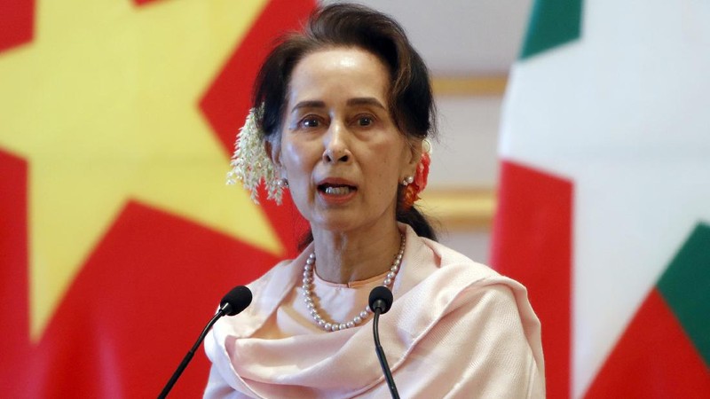 FILE - In this Dec. 17, 2019, file photo, Myanmar's leader Aung San Suu Kyi speaks during a joint press conference with Vietnam's Prime Minister Nguyen Xuan Phuc after their meeting at the Presidential Palace in Naypyitaw, Myanmar. Reports says Monday, Feb. 1, 2021 a military coup has taken place in Myanmar and Suu Kyi has been detained under house arrest. (AP Photo/Aung Shine Oo, File)
