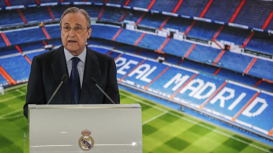 Real Madrid's President Florentino Perez gives a speech during the official presentation of Belgium forward Eden Hazard at the Santiago Bernabeu stadium in Madrid, Spain, Thursday, June 13, 2019. Real Madrid announced last week that it had acquired the 28-year-old Belgian playmaker from Chelsea for a reported fee of around 100 million euros ($113 million) plus variables, making him the club's most expensive signing ever. (AP Photo/Manu Fernandez)