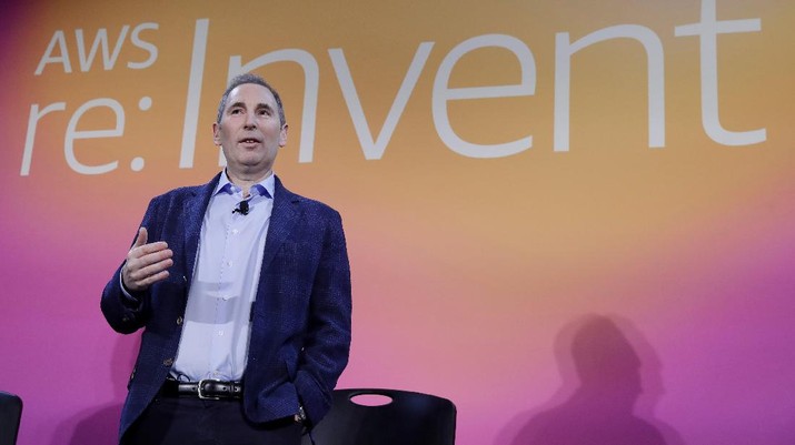 FILE - In this Dec. 5, 2019, file photo, AWS CEO Andy Jassy, discusses a new initiative with the NFL during AWS re:Invent 2019 in Las Vegas. Amazon announced Tuesday, Feb. 2, 2021, that Jeff Bezos would step down as CEO later in the year, leaving a role he's had since founding the company nearly 30 years ago. Amazon says Bezos will be replaced in the summer by Jassy, who runs Amazon's cloud business. (Isaac Brekken/AP Images for NFL, File)