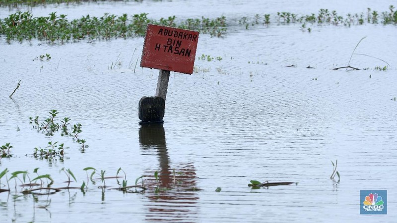 Warga melewati genangan air di pemakaman TPU Semper yang terendam banjir di Jakarta Utara, Rabu (3/2/2021). Banjir tersebut terjadi akibat tidak adanya saluran pembuangan air yang menyebabkan terendamnya ratusan makam. TPU Semper mengalami banjir sejak sekitar tahun 2000an akibat intensitas curah hujan yang tinggi. TPU Semper berada di atas lahan seluas sekitar 72 hektare dengan total 108.709 makam sejak dibuka pada 1984. Di bagian Selatan TPU adalah terminal peti kemas yang memanjang mengikuti luas area  (CNBC Indonesia/ Tri Susilo)