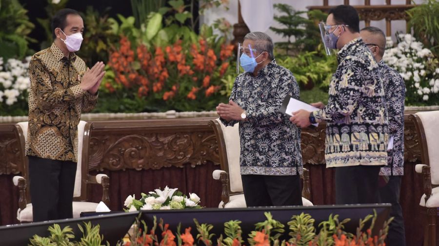 Presiden Jokowi menghadiri Puncak Peringatan Hari Pers Nasional tahun 2021 secara virtual , di Istana Negara, Jakarta, Selasa (09/02/21) pagi. (Twitter/@setkabgoid)