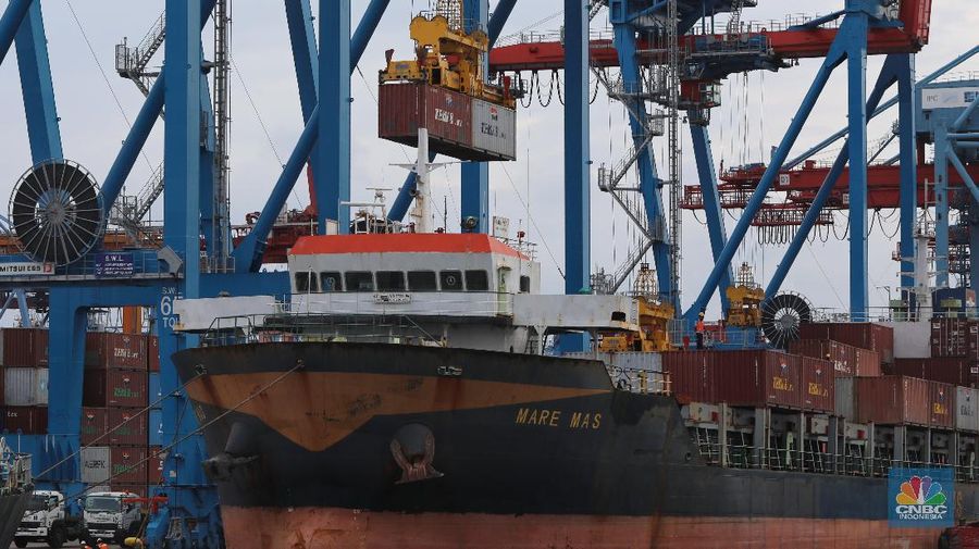 Suasana aktivitas bongkar muat peti kemas di Pelabuhan Tanjung Priok, Jakarta, Rabu (10/2/2021). (CNBC Indonesia/Andrean Kristianto)