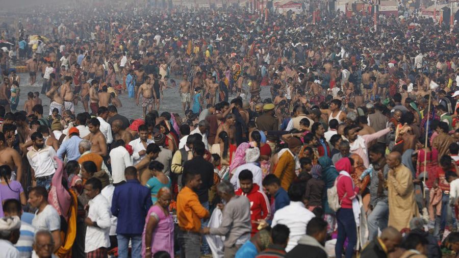 Tents for devotees cover the area at the Sangam, the confluence of the rivers Ganges and the Yamuna on 'Mauni Amavasya' or new moon day, an auspicious bathing day during the annual month long Hindu religious fair 