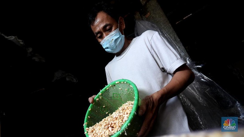 Perajin memproduksi tempe di salah satu pabrik rumahan di Jakarta, Senin (15/2/2021). Harga biji kedelai terus menguat di tengah penurunan ekspor dari Amerika Serikat dan sentimen proyeksi kenaikan pasokan dari negara produsen. (CNBC Indonesia/Tri Susilo)