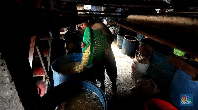 Perajin memproduksi tempe di salah satu pabrik rumahan di Jakarta, Senin (15/2/2021). Harga biji kedelai terus menguat di tengah penurunan ekspor dari Amerika Serikat dan sentimen proyeksi kenaikan pasokan dari negara produsen. (CNBC Indonesia/Tri Susilo)