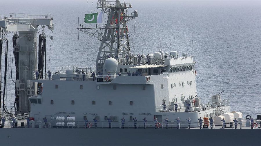 A warship of Pakistan take part in the Aman or peace exercise in the Arabian Sea, off Karachi, Pakistan, Monday, Feb. 15, 2021. Warships over 40 countries including the United States, Russia, Britain and China are participating the five-day multinati