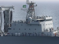 A warship of Pakistan take part in the Aman or peace exercise in the Arabian Sea, off Karachi, Pakistan, Monday, Feb. 15, 2021. Warships over 40 countries including the United States, Russia, Britain and China are participating the five-day multinati
