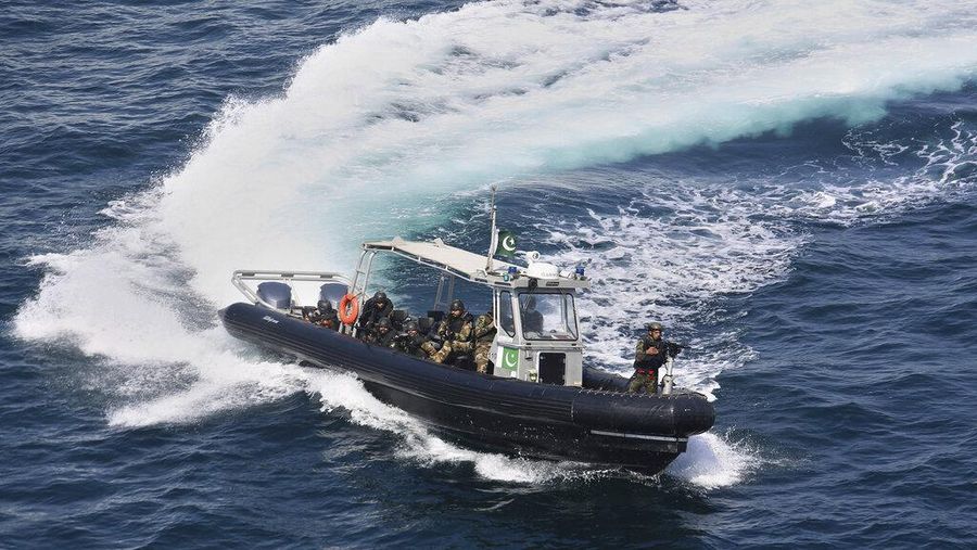 A warship of Pakistan take part in the “Aman” or peace exercise in the Arabian Sea, off Karachi, Pakistan, Monday, Feb. 15, 2021. Warships over 40 countries including the United States, Russia, Britain and China are participating the five-day multinational exercise hosted by Pakistan Navy in the Arabian Sea as part of Islamabad's years-long effort to bring security to the area, Pakistan navy said. (AP Photo/Mohammad Farooq)