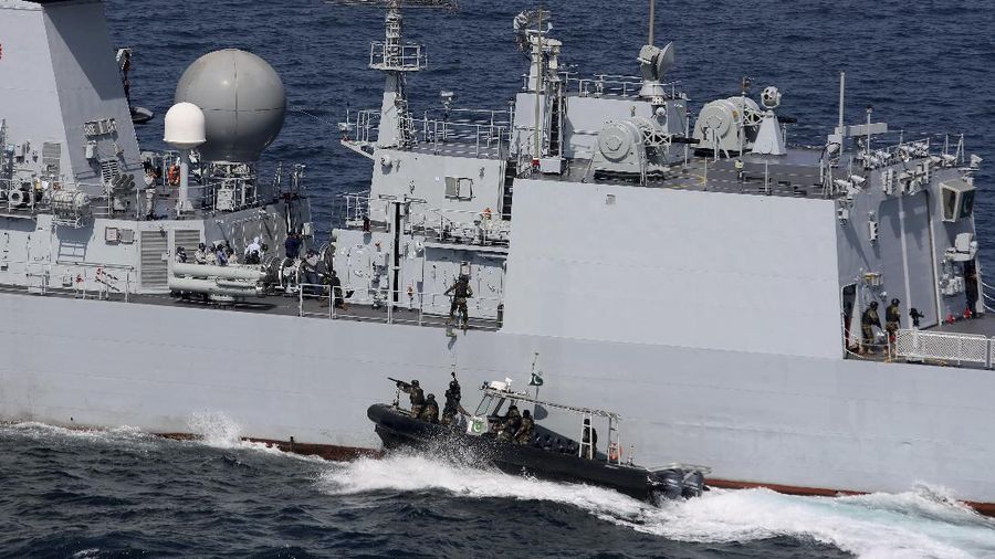 Warships from various countries take part in multinational military exercise, “Aman” or peace exercise in the Arabian Sea near Karachi, Pakistan, Monday, Feb. 15, 2021. Warships over 40 countries including the United States, Russia, Britain and China are participating the five-day multinational exercise hosted by Pakistan Navy in the Arabian Sea as part of Islamabad's years-long effort to bring security to the area, Pakistan navy said. (AP Photo/Mohammad Farooq)