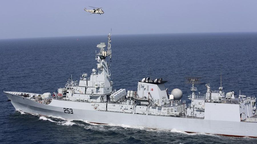A warship of Pakistan take part in the “Aman” or peace exercise in the Arabian Sea, off Karachi, Pakistan, Monday, Feb. 15, 2021. Warships over 40 countries including the United States, Russia, Britain and China are participating the five-day multinational exercise hosted by Pakistan Navy in the Arabian Sea as part of Islamabad's years-long effort to bring security to the area, Pakistan navy said. (AP Photo/Mohammad Farooq)
