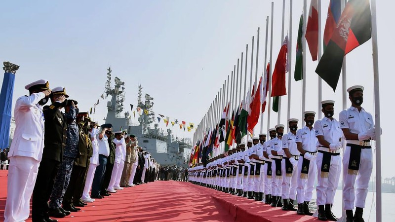 Warships from various countries take part in multinational military exercise, “Aman” or peace exercise in the Arabian Sea near Karachi, Pakistan, Monday, Feb. 15, 2021. Warships over 40 countries including the United States, Russia, Britain and China are participating the five-day multinational exercise hosted by Pakistan Navy in the Arabian Sea as part of Islamabad's years-long effort to bring security to the area, Pakistan navy said. (AP Photo/Mohammad Farooq)