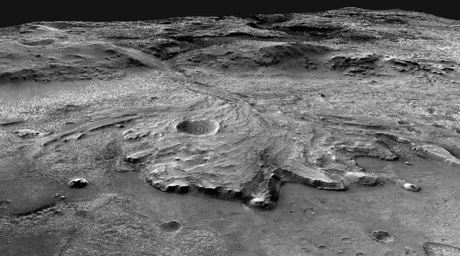 This image made available by NASA depicts a possible area through which the Mars 2020 Perseverance rover could traverse across Jezero Crater. This mosaic is composed of aligned images from the Context Camera on the Mars Reconnaissance Orbiter. (NASA/JPL-Caltech/USGS via AP)