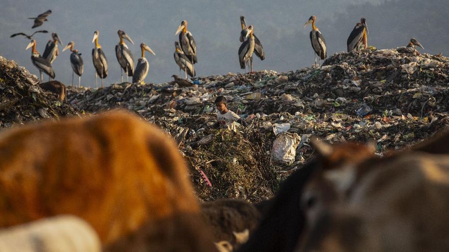 Imradul Ali, 10, left, and his mother Anuwara Beghum, 30, take a break as they look for recyclable material at a landfill on the outskirts of Gauhati, India, Thursday, Feb. 4, 2021. Once school is done for the day, Ali, rushes home to change out of his uniform so that he can start his job as a scavenger in India’s remote northeast. Coming from a family of scavengers or “rag pickers,