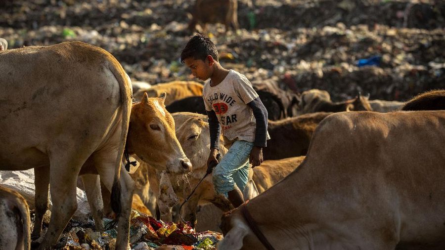 Imradul Ali, 10, left, and his mother Anuwara Beghum, 30, take a break as they look for recyclable material at a landfill on the outskirts of Gauhati, India, Thursday, Feb. 4, 2021. Once school is done for the day, Ali, rushes home to change out of his uniform so that he can start his job as a scavenger in India’s remote northeast. Coming from a family of scavengers or “rag pickers,