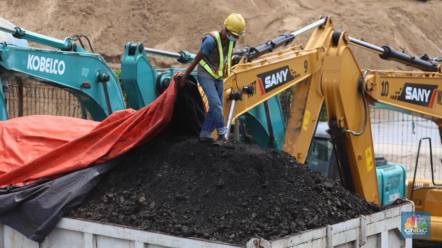 Pekerja melakukan bongkar muat batu bara di Terminal Tanjung Priok, Jakarta, Selasa (23/2/2021). Pemerintah telah mengeluarkan peraturan turunan dari Undang-Undang No. 11 tahun 2020 tentang Cipta Kerja. Adapun salah satunya Peraturan Pemerintah yang diterbitkan yaitu Peraturan Pemerintah No.25 tahun 2021 tentang Penyelenggaraan Bidang Energi dan Sumber Daya Mineral.  (CNBC Indonesia/ Tri Susilo)