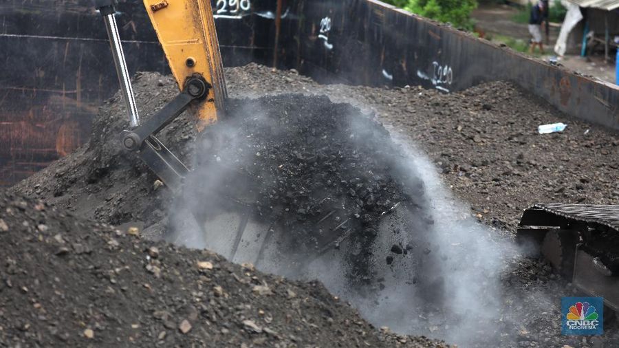 Pekerja melakukan bongkar muat batu bara di Terminal Tanjung Priok, Jakarta, Selasa (23/2/2021). Pemerintah telah mengeluarkan peraturan turunan dari Undang-Undang No. 11 tahun 2020 tentang Cipta Kerja. Adapun salah satunya Peraturan Pemerintah yang diterbitkan yaitu Peraturan Pemerintah No.25 tahun 2021 tentang Penyelenggaraan Bidang Energi dan Sumber Daya Mineral.  (CNBC Indonesia/ Tri Susilo)