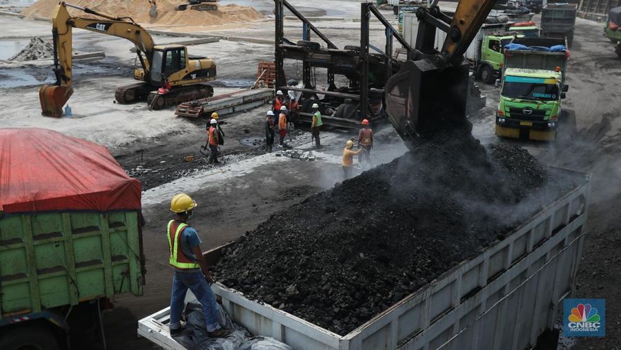 Pekerja melakukan bongkar muat batu bara di Terminal Tanjung Priok, Jakarta, Selasa (23/2/2021). Pemerintah telah mengeluarkan peraturan turunan dari Undang-Undang No. 11 tahun 2020 tentang Cipta Kerja. Adapun salah satunya Peraturan Pemerintah yang diterbitkan yaitu Peraturan Pemerintah No.25 tahun 2021 tentang Penyelenggaraan Bidang Energi dan Sumber Daya Mineral.  (վ/ Tri Susilo)