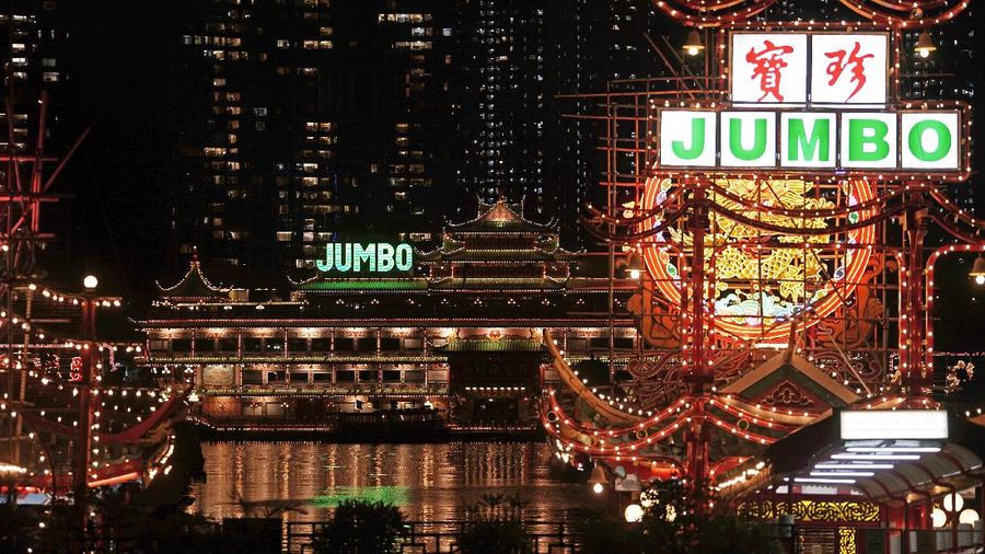 A general view of Jumbo floating restaurants, one of the touristic spots of Hong Kong is seen, Tuesday, March 3, 2020. Hong Kong's Jumbo floating restaurants is closed 