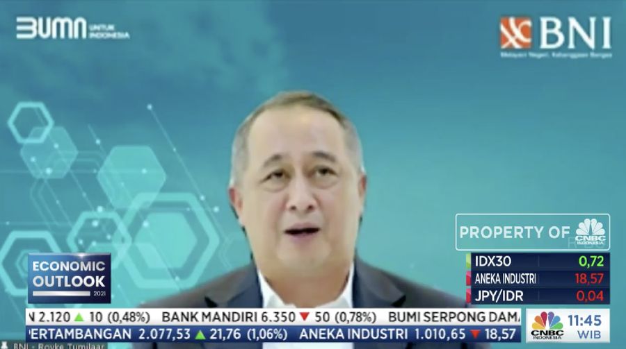 Direktur Utama Bank BNI, Royke Tumilaar dalam acara CNBC Indonesia Economic Outlook dengan tema 