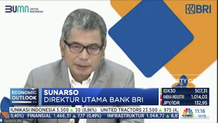 Direktur Utama Bank BRI, Sunarso dalam acara CNBC Indonesia Economic Outlook dengan tema