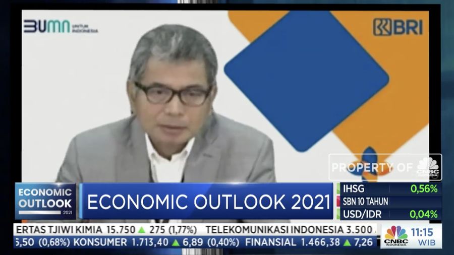 Direktur Utama Bank BRI, Sunarso dalam acara CNBC Indonesia Economic Outlook dengan tema 