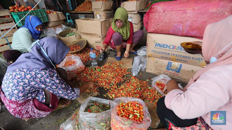 Sejumlah pedagang melakukan bongkar muat cabai rawit merah di Pasar Kramat Jati, Jakarta, Jumat (26/2/2021). Cabai rawit merah kini naik 100 ribu per kilogram yang sebelumnya hanya 60 ribu per kilogram, kenaikan diduga faktor dari cuaca ekstrem. Susanto (58) pedagang asal Jawa Tengah yang membuka lapak di Los H mengatakan 