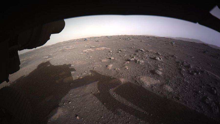 This photo provided by NASA shows the first color image sent by the Perseverance Mars rover after its landing on Thursday, Feb. 18, 2021. (NASA/JPL-Caltech via AP)