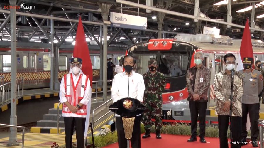 Peresmian pengoperasian kereta rel listrik lintas Yogyakarta-Solo, Yogyakarta, Senin (1/3/2021). (Tangkapan layar Youtube Setpres RI)