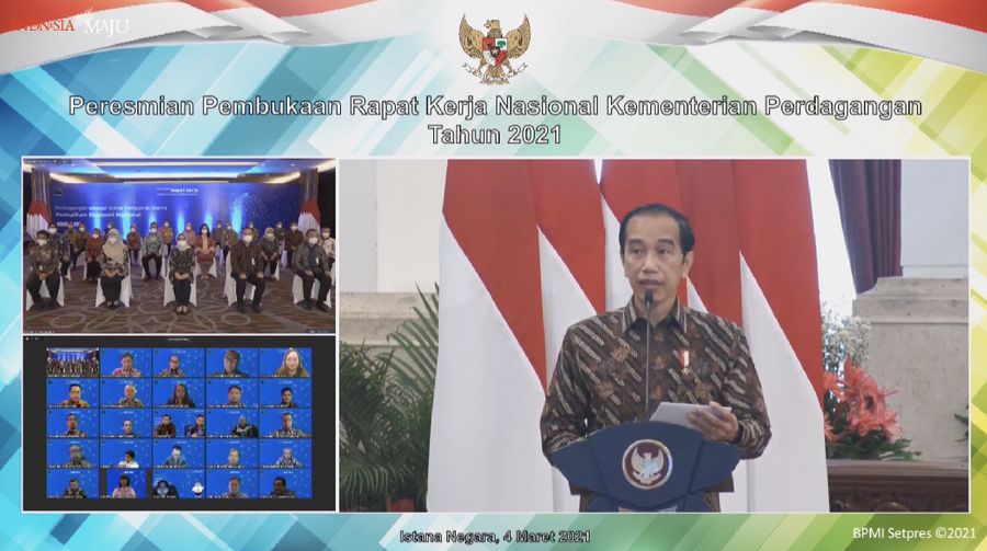 Peresmian Pembukaan Rapat Kerja Nasional Kementerian Perdagangan Tahun 2021, 4 Maret 2021. (Tangkapan layar youtube Setpres RI)