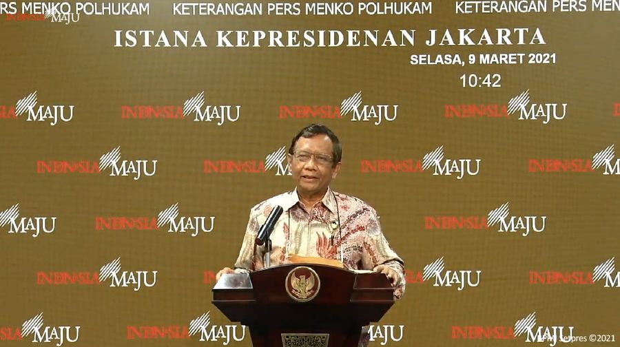Keterangan Pers Menkopolhukam Mahfud MD di Kantor Presiden, Selasa (9/3/2021). (Tangkapan layar Setpres RI)