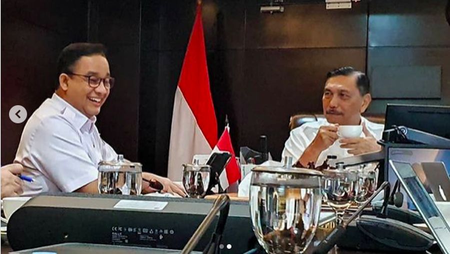 Pertemuan Luhut Pandjaitan dan Anies Baswedan di kantor Kemenko Kemaritiman dan Investasi, Jakarta, Rabu (10/3/2021).
