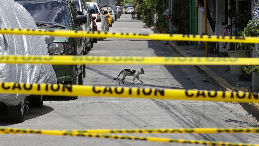 A cat crosses an empty street at a village that was placed under lockdown due to the number of COVID-19 cases among residents in Manila, Philippines on Thursday, March 11, 2021. The Philippine capital placed two villages and two hotels on lockdown Thursday and police have renewed warnings against kissing and other 