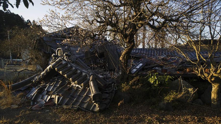 A statue stands surrounded by weeds at a park in the exlcusion zone in Tomioka town, Fukushima prefecture, northeastern Japan, Friday, Feb. 26, 2021. The no-go zone sits on its northeastern corner within about 10 kilometers (6 miles) of the wrecked Fukushima Daiichi nuclear power plant where massive radioactive fallouts spewed in 2011. (AP Photo/Hiro Komae)