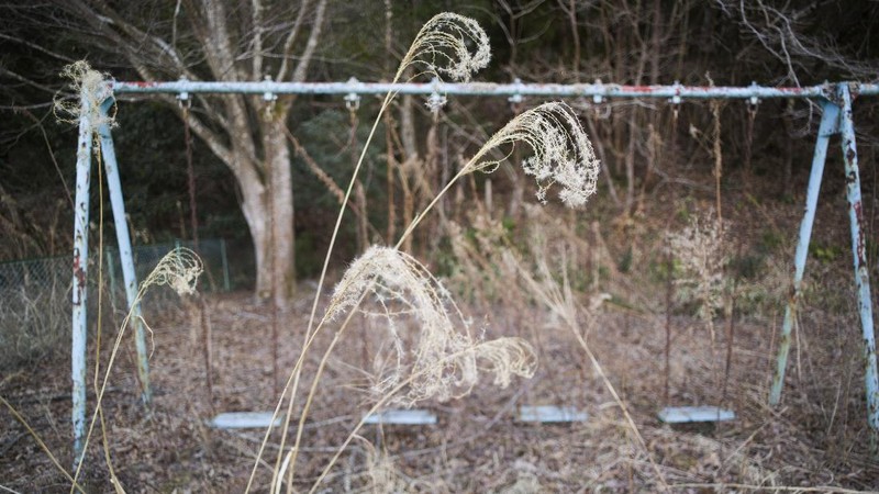 A statue stands surrounded by weeds at a park in the exlcusion zone in Tomioka town, Fukushima prefecture, northeastern Japan, Friday, Feb. 26, 2021. The no-go zone sits on its northeastern corner within about 10 kilometers (6 miles) of the wrecked Fukushima Daiichi nuclear power plant where massive radioactive fallouts spewed in 2011. (AP Photo/Hiro Komae)