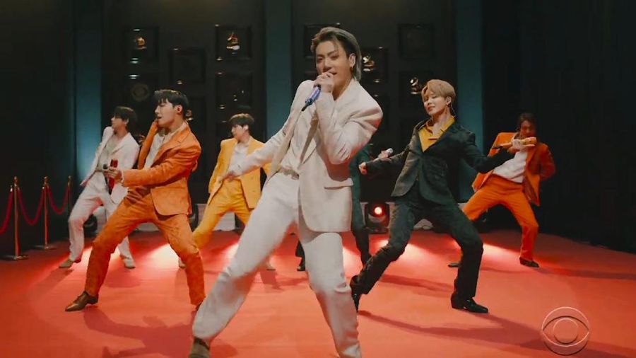 In this video grab provided by CBS and the Recording Academy, BTS performs 