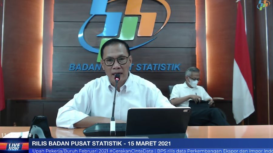 Kepala Badan Pusat Statistik (BPS) Kecuk Suhariyanto mengumumkan Perkembangan Ekspor dan Impor Indonesia Februari 2021 dan Perkembangan Februari 2021. (Tangkapan Layar Yiutube BPS Statistics)
