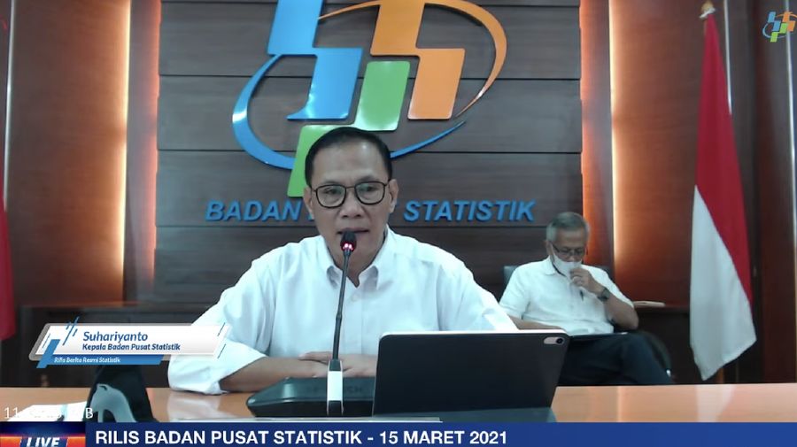 Kepala Badan Pusat Statistik (BPS) Kecuk Suhariyanto mengumumkan Perkembangan Ekspor dan Impor Indonesia Februari 2021 dan Perkembangan Februari 2021. (Tangkapan Layar Yiutube BPS Statistics)
