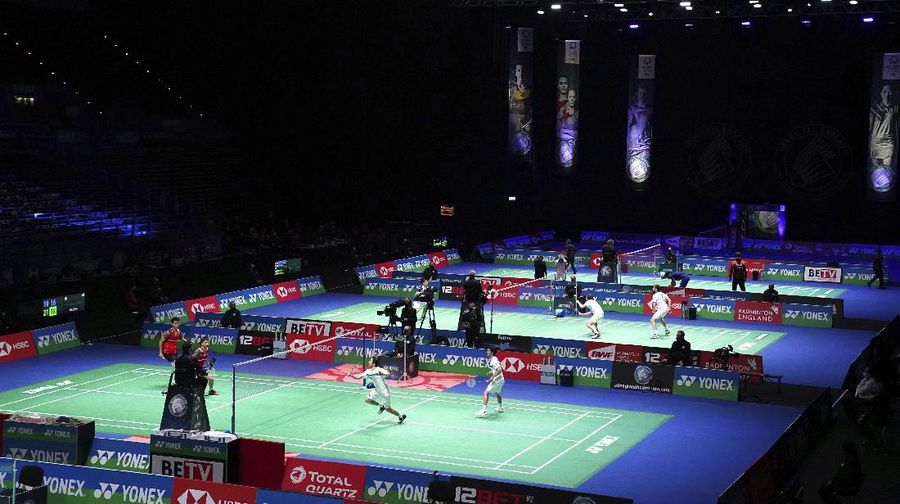 A general view of play during day two of the All England Open Badminton Championships at Utilita Arena in Birmingham, England, Thursday March 18, 2021. (Zac Goodwin/PA via AP)
