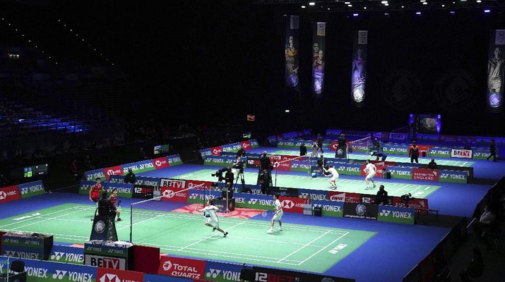 Britain Badminton All England Open A general view of play during day two of the All England Open Badminton Championships at Utilita Arena in Birmingham, England, Thursday March 18, 2021. (Zac Goodwin/PA via AP)