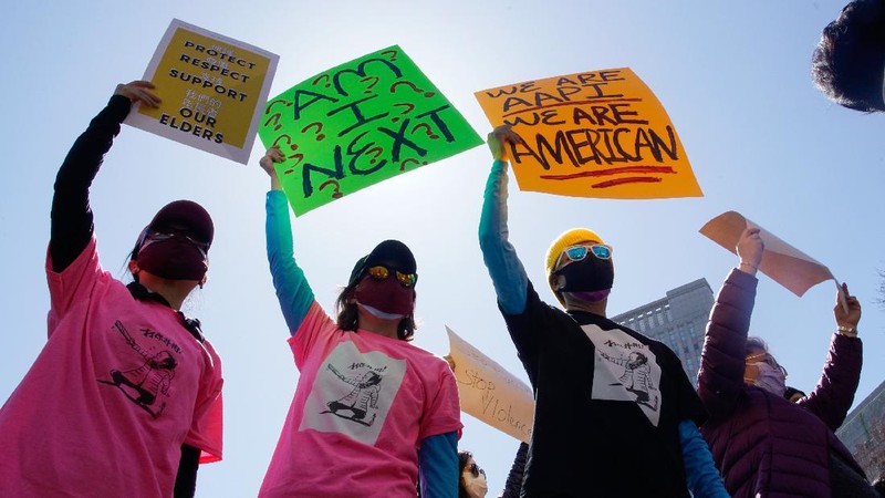 People take part in a rally against hate and confront the rising violence against Asian Americans at Columbus Park in the Chinatown section of Manhattan borough of New York, on Sunday, March 21, 2021.  (AP Photo/Eduardo Munoz Alvarez)